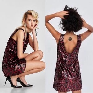 Zara Sequin Leopard Print Red Dress Size M